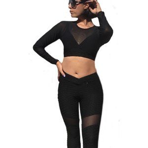 Textured Set Scrunch Leggings Crop Top Mesh Insert Long Sleeve Athletic Blk S/M